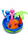 Colourful plastic models of two link and blue figures sitting in a paddling pool with a palm tree.